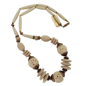 Vintage ART Deco Style Carved Bone & Wood Necklace NWT